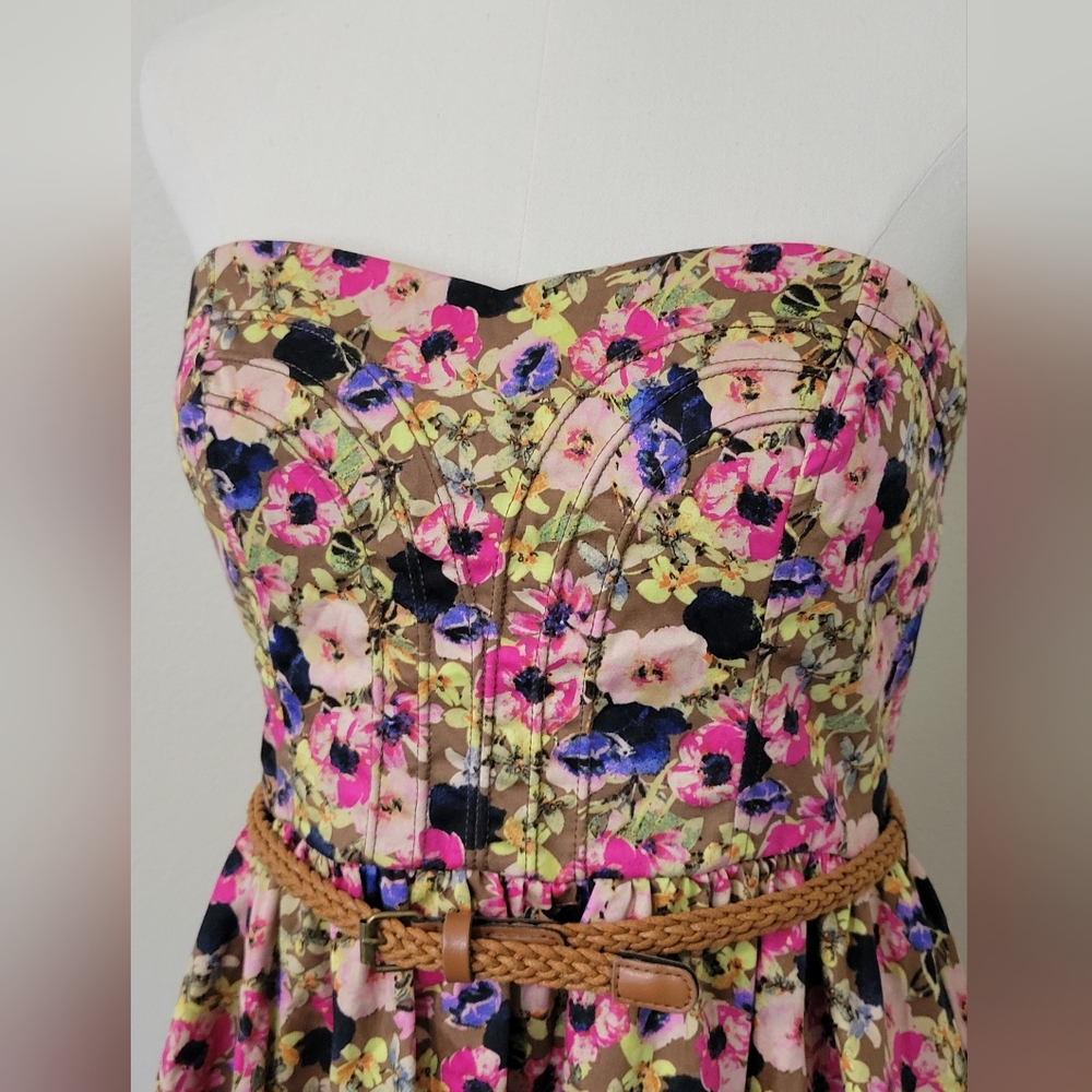 XOXO Strapless Floral Dress 11/12 Multicolor with Belt Fun Summer Cowgirl - Picture 2 of 8
